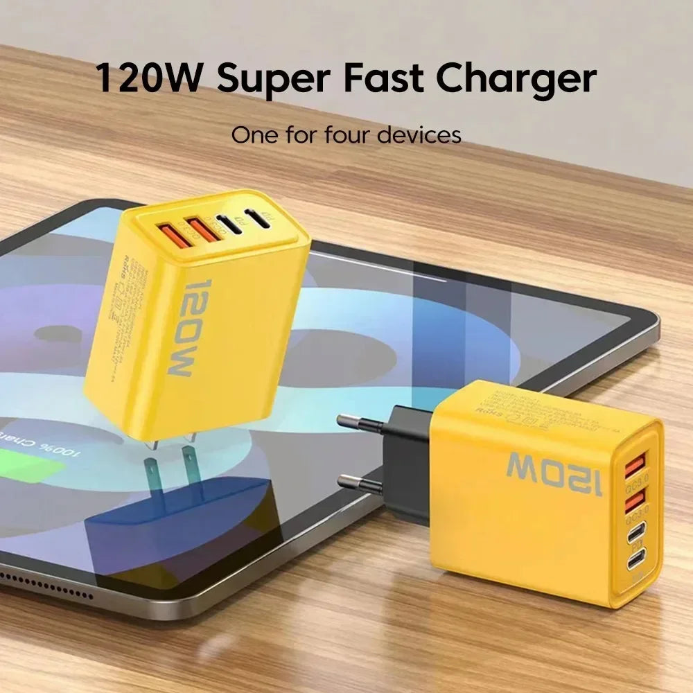 Quick Charge 3.0 Fast Charger Muti Total 120W 4 Port USB Type C PD Mobile Phone Wall Adapter for iPhone 16 Samsung S24 Xiaomi 15