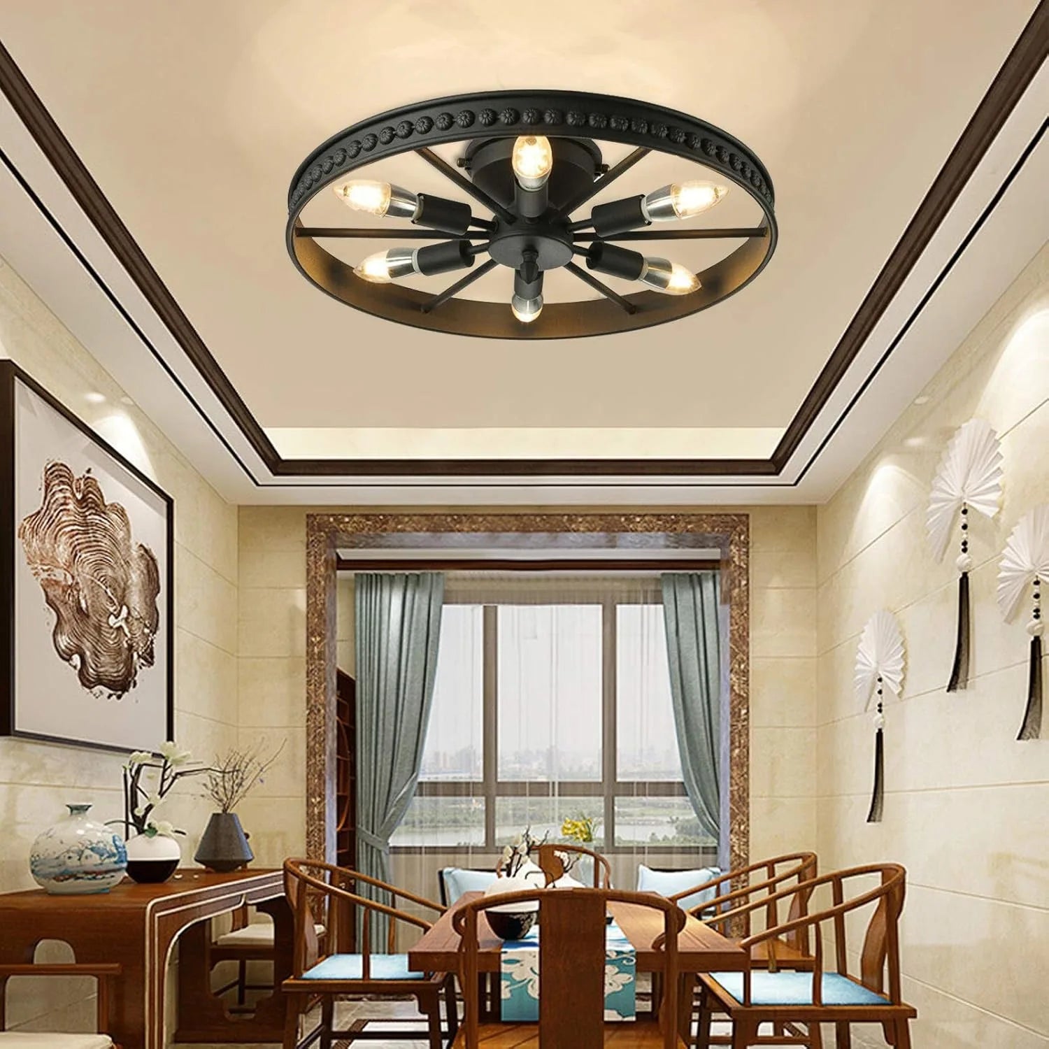 Industrial Wagon Wheel Chandelier 6 Lights, Rustic Flush Mount Ceiling Light Fixture, Retro Ceiling Lamp Hanging Lamp for Kitchen